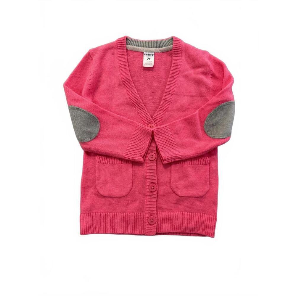 Carter's Cardigan Sweater Girls 2T Pink Knit Elbow Patch Pockets Button Front